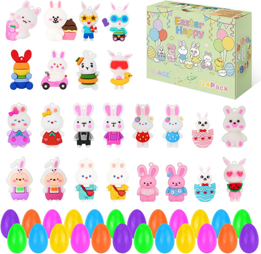 24 Pcs PreFilled Easter Eggs with Mini Resin Rabbit Animals Keychain Decoration Stuffed Toy Great for Kids Boys Girls Toddler Easter Basket Stuffers Egg Fillers