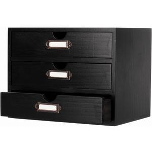 Wooden Storage Box Rustic Desktop Organizer with 3 Drawers Office Desk Accessories Shelf Small Craft Storage Containers Apothecary Cabinet and Chest Jewelry Holder for women(BLACK)