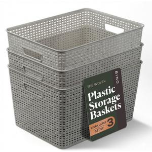 BINO | Plastic Storage Baskets, 33 Liter - 3 Pack, Natural Grey | THE WOVEN COLLECTION | Storage Basket for Shelves | Woven Storage Baskets for Organizing Bins | Pantry Shelf Organizer | Container Bin