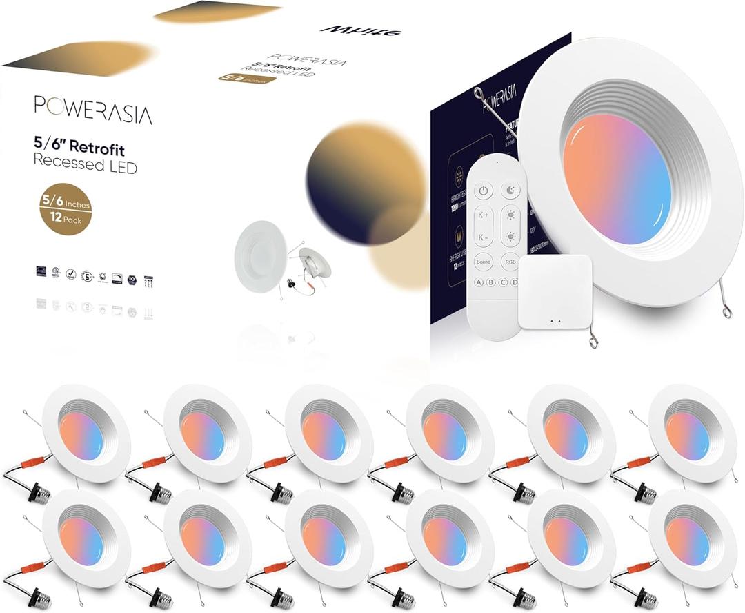 POWERASIA 12 Pack 5/6 Inch LED Retrofit RGB Recessed Lighting, 12W 1200LM Smart Can Lights, Recessed Lights 2700K-6000K Color Changing Compatible with Alexa Assistant, Hub INCL