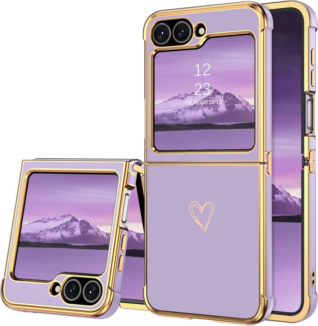 BENTOBEN for Samsung Galaxy Z Flip 6 5G Case, Cute Heart Luxury Gold Plating Slim Flexible TPU Bumper Protective Galaxy Z Flip6 Cover, Women Girls Phone Case for Samsung Z Flip 6 6.7'',Purple
