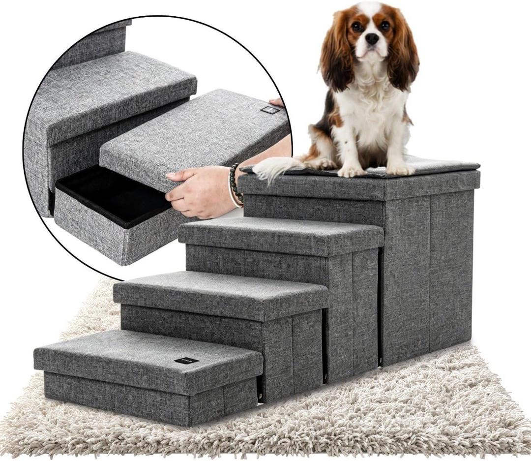Dog Steps for high Bed with Cushion, Foldable Dog Stairs for Small Medium or Large Dogs Puppy with Storage for Bed or Couch, Pet Steps Ramp with Zip up to 200 lbs, Grey, 4 Steps