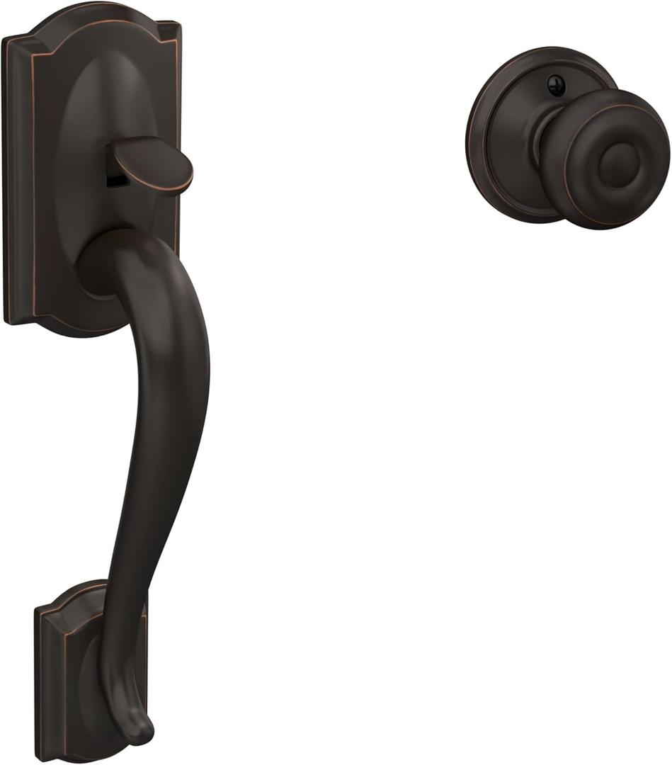 Schlage FE285 CAM 716 GEO Camelot Front Entry Handleset with Georgian Knob, Lower Half Grip, Aged Bronze (Standard Interior Trim)