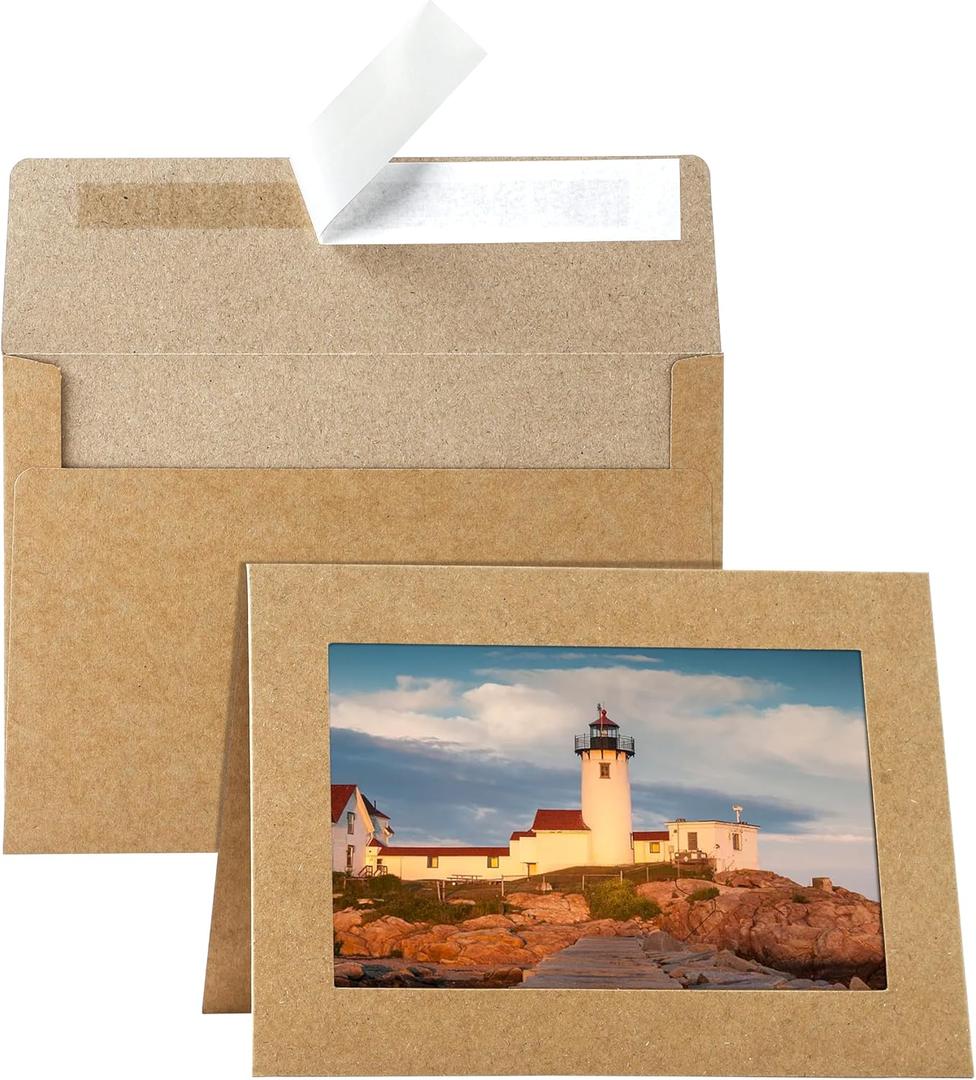 Silunkia 60 Packs Brown Photo Frame Cards and Envelopes for 4 x 6 Picture, Paper Picture Frames and Self Seal Envelopes for Birthday Christmas Wedding Invitations Graduations Classroom