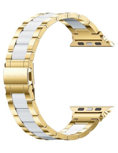 Wearlizer Compatible with Apple Watch Band 38/40/41/42mm Fashion Wristbands Womens, Stainless Steel + Resin Metal Replacement for iWatch Series 11 10 9 8 7 6 5 4 3 SE/Ultra 3 2 1-Gold+White
