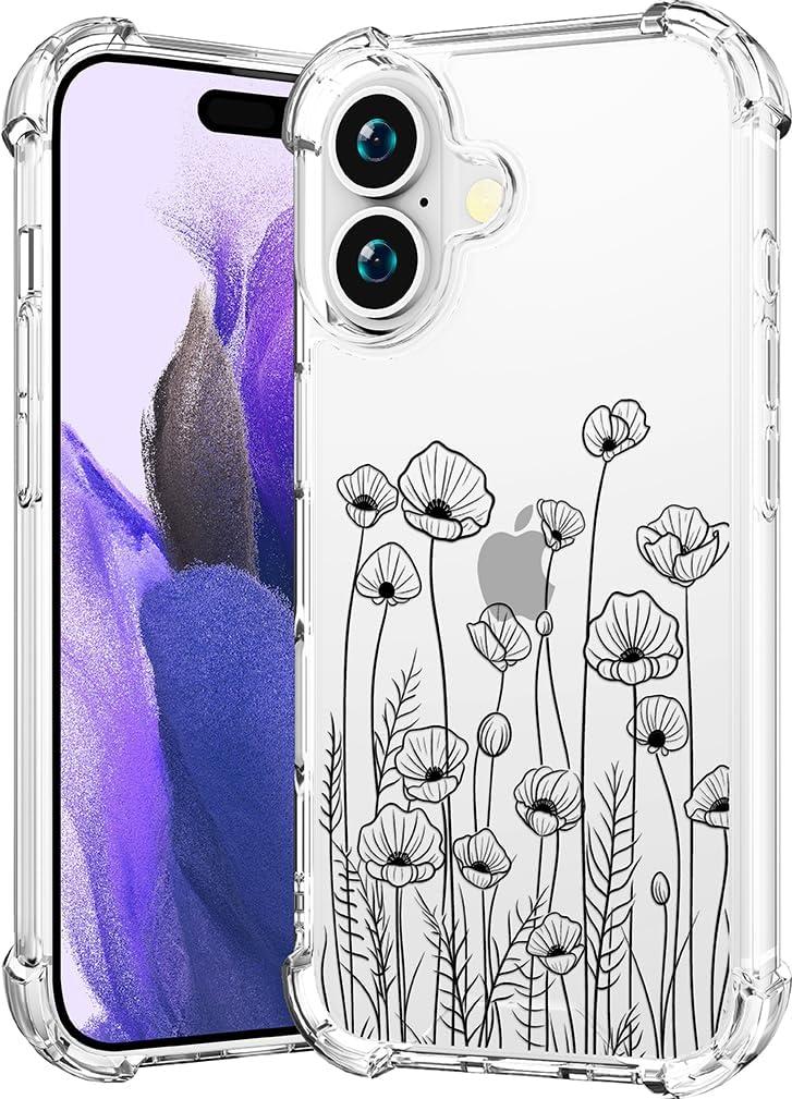 Compatible with iPhone 16 Plus Case Clear Cute for Women - Rugged Phone Cases Funda Protector Cover Skin (Black Floral Flower)