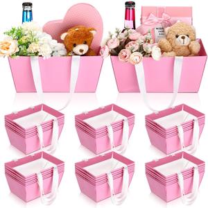 Glenmal 36 Pcs Pink Gift Basket Empty Bulk with Handles 9.8 x 6.5 x 4.3 Inch Kraft Basket Kraft Cardboard Wrap Bags Tray for Weeding Party Birthday Christmas Valentines Breast Cancer Party Supplies