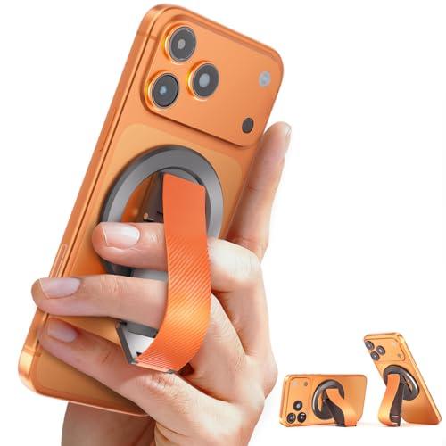 SINCEHOLY for MagSafe Phone Grip, Magnetic Phone Grip with Silicone Finger Strap & Dual-axis Adjustable Kickstand, Magnetic Phone Stand Ring Holder for Mag Safe iPhone 17-12 (Orange)