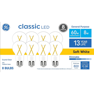 GE 60 Watt EQ A19 Classic Crystal Clear Soft White Medium Base (e26) Dimmable LED Light Bulb 8Pack