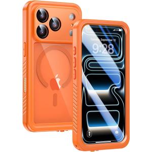 Lanhiem Magnetic for iPhone 17 Pro Case Waterproof, Built in Screen Protector & Camera Protection, [Compatible with MagSafe] Full Body Dustproof Heavy Duty Rugged Phone Case 6.3'' (Orange)