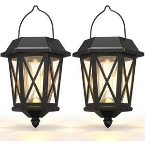 Solar Lanterns Outdoor Waterproof, Hanging Solar Lights with Glass Shade - 2 Pack LED Metal Wall Mount Outdoor Light for Yard/Garden/Patio - Black