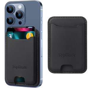 TopMade Phone Card Holder, Premium Leather Phone Wallet Stick on, Stronger 3M Adhesive Credit Card Holder for Back of Phone Case, iPhone, Samsung, and Android, RFID Blocking, Fit 4 Cards, Black