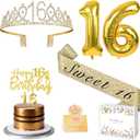 Sweet 16 Birthday Party Decorations for Girls, Sweet 16 Sash and Crown, Cake Toppers, Birthday Card, Number Candles and Balloons, 16th Birthday Gifts for Girls