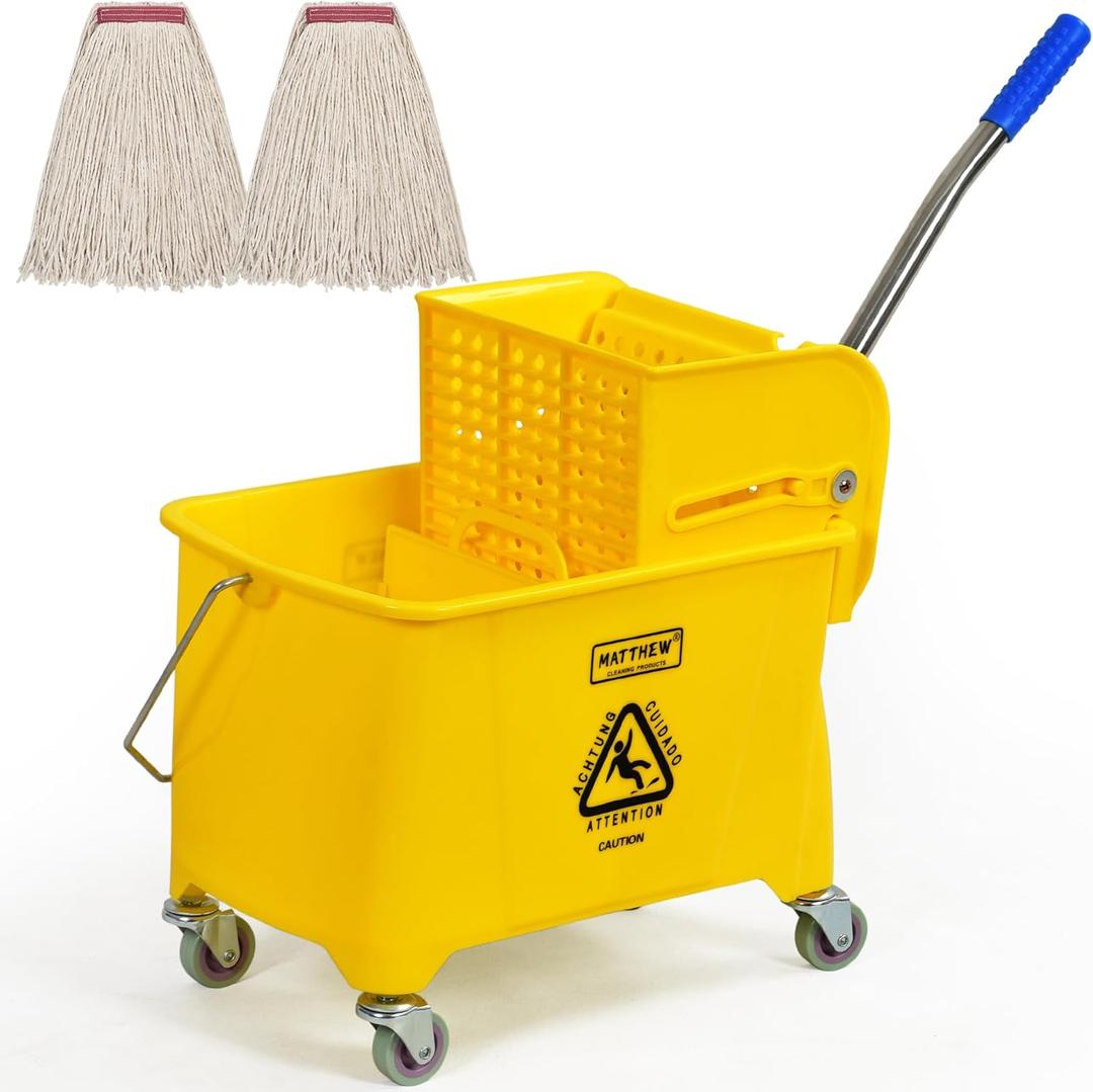 Matthew Cleaning 22 Quart Compact Mop Bucket INCL.2 Pack Mop Head with Side Press Wringer On Wheels,Tandem Portable Floor Cleaning Wavebrake,Ideal for Household,Industrial,Restaurant,Janitorial Use (Yellow)