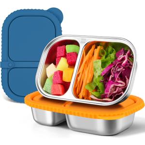 2 Pack Stainless Steel Snack Containers with Silicone Lids, Reusable Stainless Steel Food Containers Snack Box, 2 Compartment Meal Prep Containers for Lunch, Leakproof, Dishwasher Safe