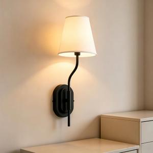 Modern Cone Linen Sconce, Curved Arm Hardwired Wall Lamp for Bedroom, 8.25" W x 20.75" H