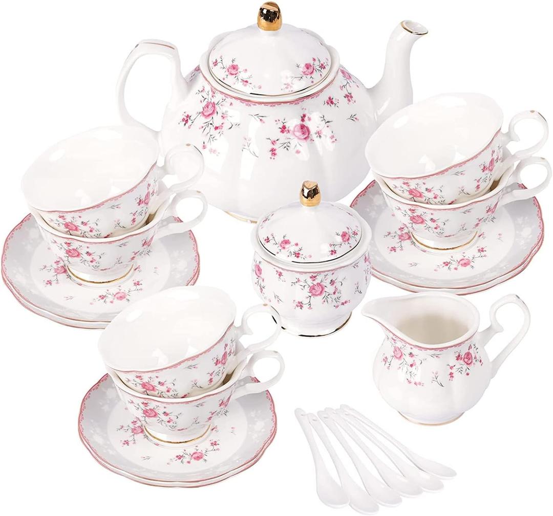 Fanquare Vintage Porcelain Tea Set for Women Tea Party, Cup and Saucer Set for 6, Wedding Floral Teapot Set for Adults, Pink Rose