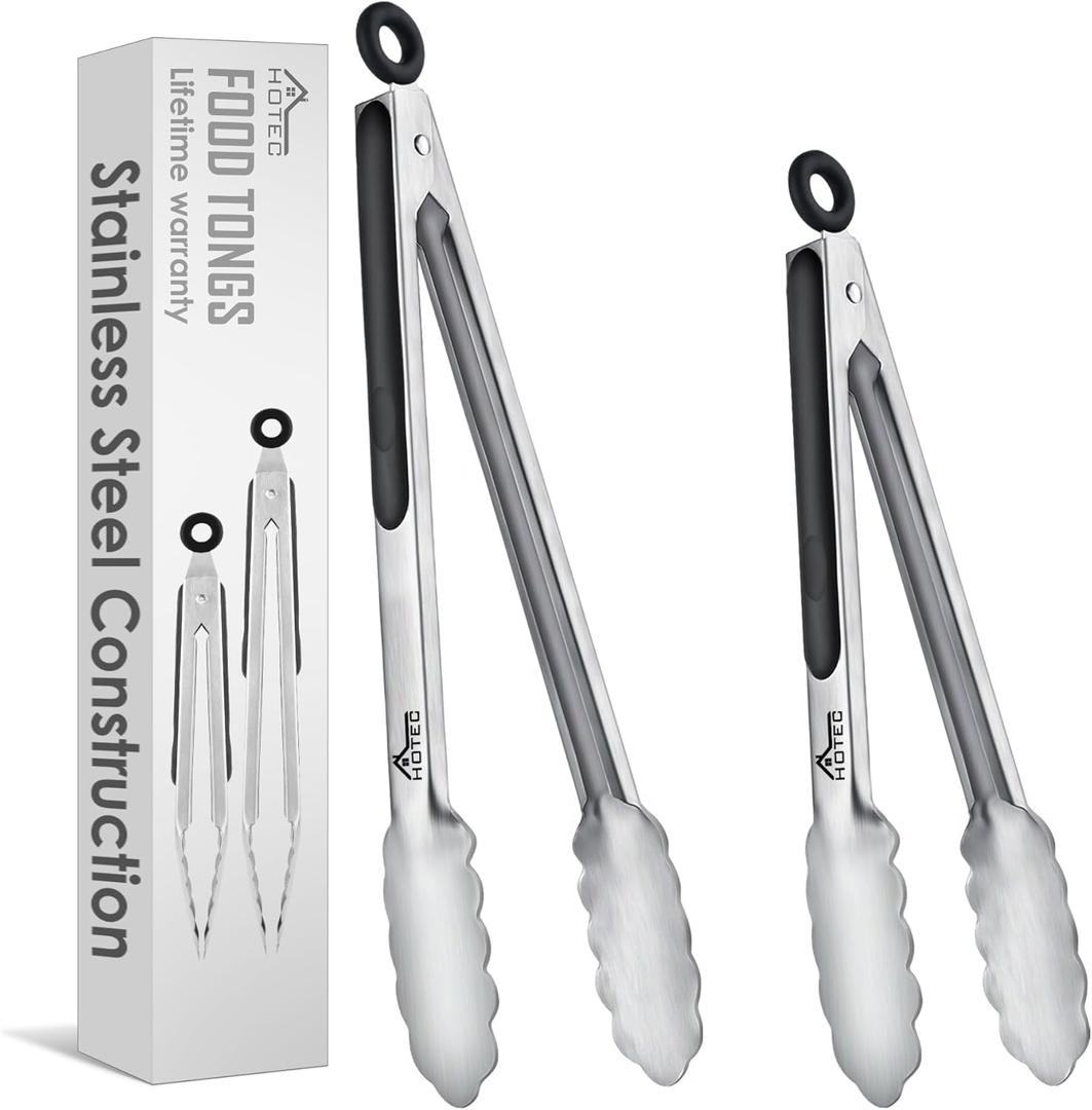 Hotec Stainless Steel Kitchen Tongs, Set of 2-9" and 12", Locking Metal Food Tongs for Cooking, Serving, BBQ, Grill Non-Slip Grip