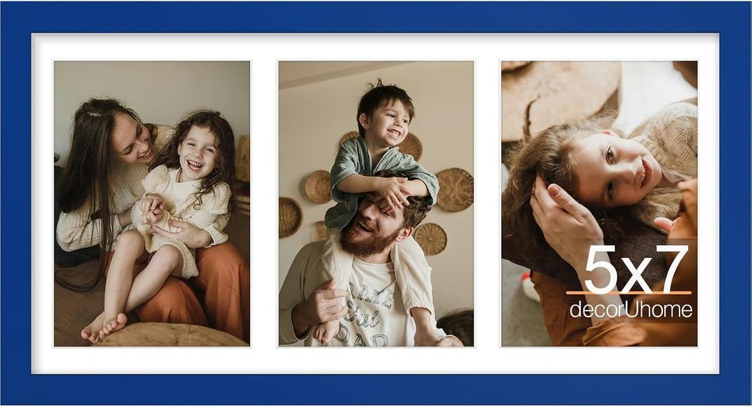 decorUhome 8x16 Picture Frames Collage Wall Decor, Display 3Pcs 5x7 Photos with Mat or 1Pcs 8x16 Unmatted, 3 5x7 Collage Picture Frames for Wall Mounting, Royal Blue