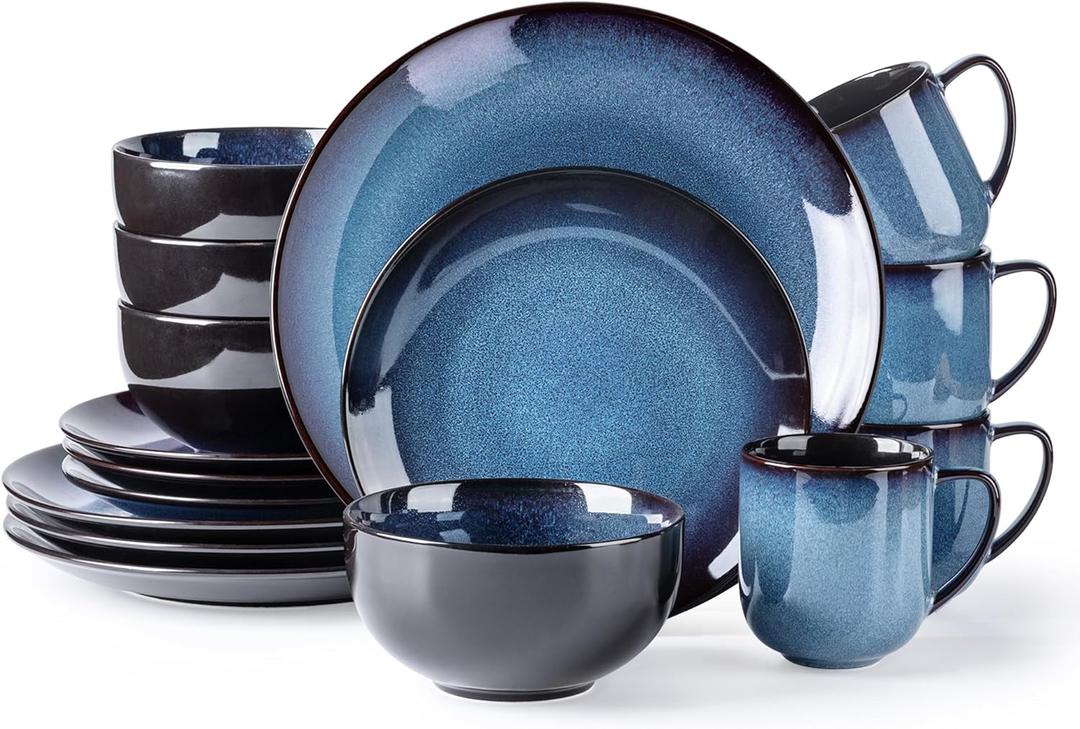 LERATIO Ceramic Dinnerware Sets for 4,16-Piece Reactive Glaze Plates and Bowls Set with Mugs,Highly Chip and Crack Resistant | Dishwasher,Microwave & Oven Safe Dishes set-Blue (Dreamy Moonlight-Blue)