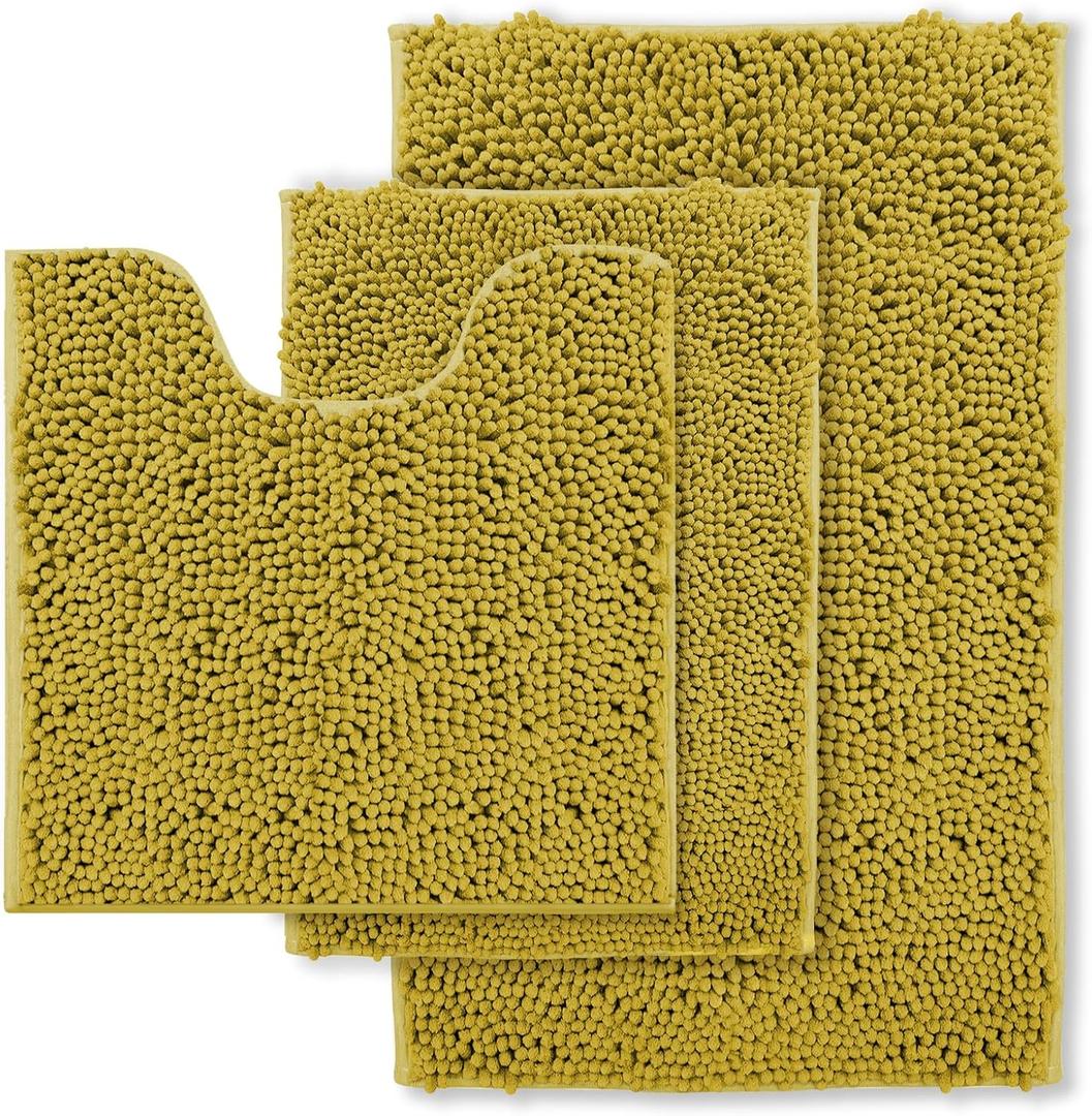 Gold Bathroom Rugs Sets 3 Piece Extra Soft Chenille Bathroom Mats Non Slip Bath Mat Set,Absorbent Shaggy Rugs Perfect Plush Bath Rugs with U-Shaped Toilet Rug,Bathroom Carpets for Bathroom (Golden Yellow)