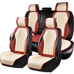 BWTJF Car Seat Covers, Front and Rear Seat Protector for Cars Waterproof Non-Slip, Leather Seat Protector Universal Fit for Suvs,Vans,Trucks (WineRed&White, Full Set)