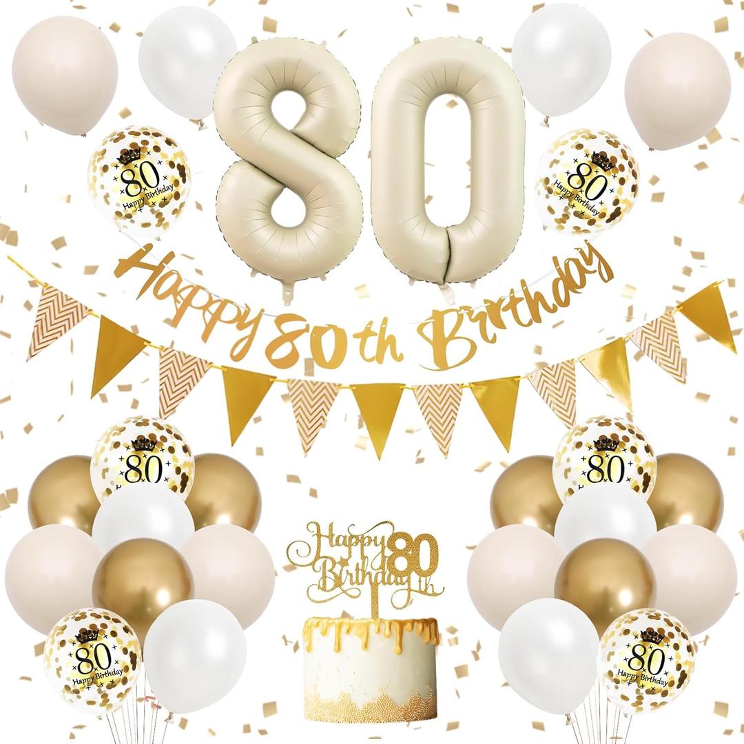 80th Birthday Decorations Sand White Gold,80th Birthday Balloons Beige Gold,Happy 80th Birthday Banner with Cake Toppers Number 80 Balloons for Women Men Birthday Party Decorations
