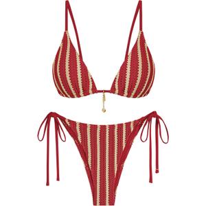 ZAFUL Crochet Bikini Sets for Women Cheeky Two Piece Bathing Suits Striped Brazilian High Cut Knit Swimsuit Tie for Vacation, X-Large, A-Red