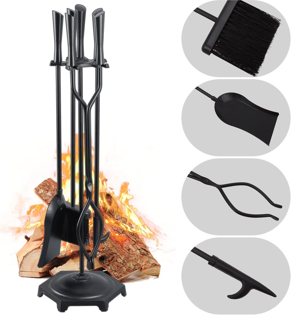 FEED GARDEN Fireplace Tools Set 5 Pieces Modern 32 Inch Outdoor Wrought Iron Fireplace Accessories Set with Log Holder Poker, Tong, Shovel, Brush, Base, Black FEED GARDEN Fireplace Tools Set 5 Pieces Modern 32 Inch Outdoor Wrought Iron Fireplace Accessories Set with Log Holder Poker, Tong, Shovel, Brush, Base, Black