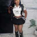 Women's Sport Skirt Set 2 Piece Lace Combo Top & Bubble Mini Skirt Set Sexy Short Sleeve Bodycon Y2k Party Club (Black)