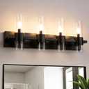 Bathroom Light Fixtures, 4-Light Vanity Lights with Clear Glass Shades, Matte Black Bathroom Light Fixtures Over Mirror, 27.5'' Modern Wall lamp for Mirror Living Room Cabinet Bedroom