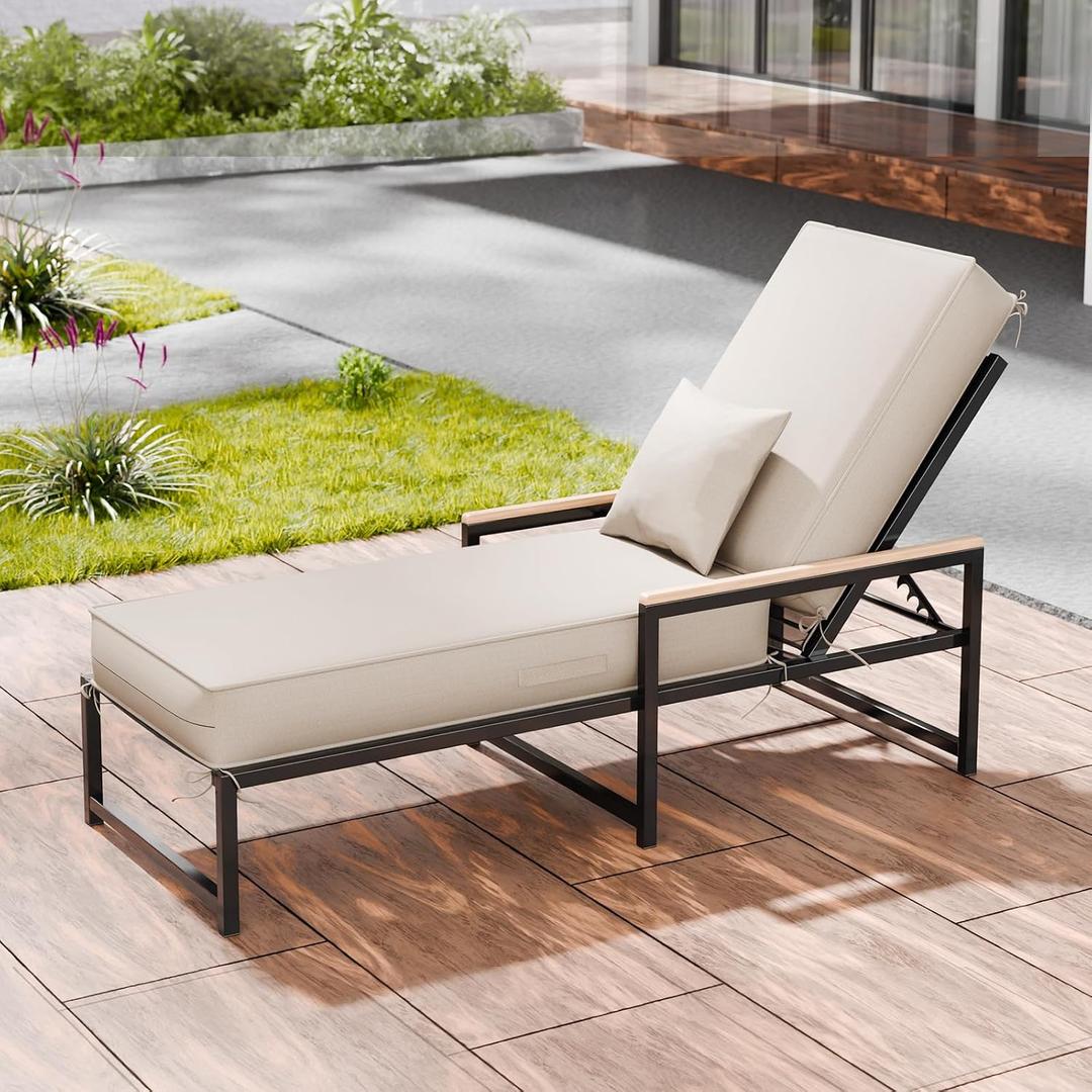 Chaise Lounge Cushions Outdoor, 72 x 21 x 6 Inch Olefin Waterproof and Fade Resistant Patio Furniture Lounge Chair Cushions with Removable Cover, Lounger Pad with Handle and 16 Straps, Gray Apricot