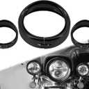 Motorcycle 7" Headlight Trim Ring + 4.5" Fog Light Trim Ring Set Visor Style Fit for Harley Touring Road King Street Glide Electra Glide 2014-UP Gloss Black