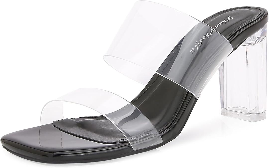 Clear Heels for Women Transparent Two Strap Block Chunky Square Heel Sandals Open Toe Slip On Mules for Women (7.5)