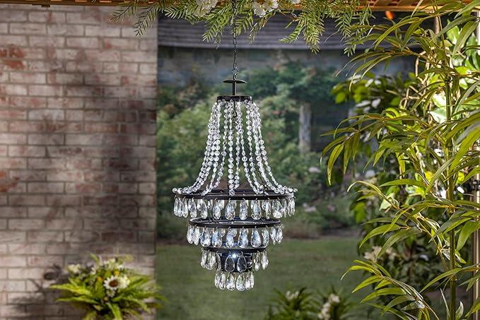18 Inches Tall Acrylic Crystal Outdoor Solar Chandelier, White Integrated LED Light, Black Metal