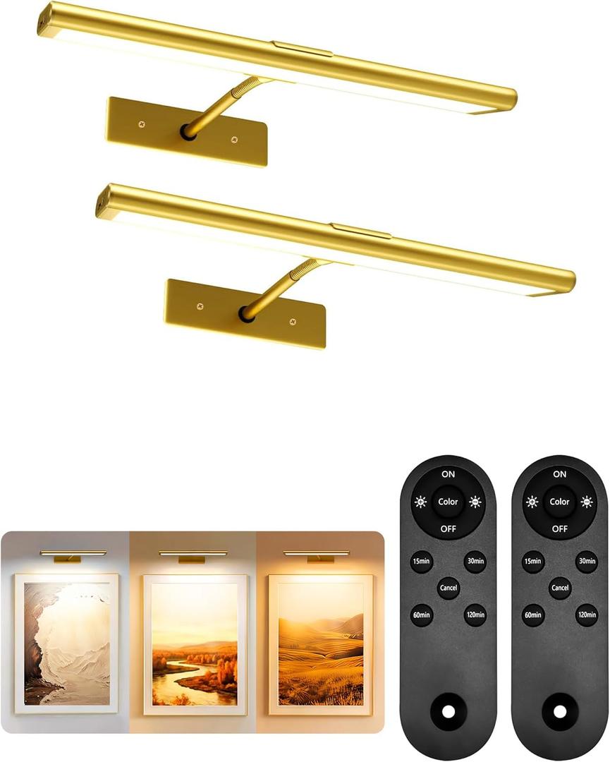 EZVALO Picture Light for Wall, 4800mAh Rechargeable Wireless Remote, Dimmable Magnetic LED Art Display Light with 3 Color Temperatures, for Gallery, Living Room, Bedroom, Hallway (Gold-2Pack)