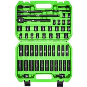 SUNHZMCKP 3/8" Drive Impact Socket Set, 52 Piece Standard SAE (5/16-3/4 inch) and Metric (8-22mm) Shallow & Deep 6 Point Sockets, 3/8-In Ratchet Handle, Extension Bars, Adapters, Universal Joint, CR-V