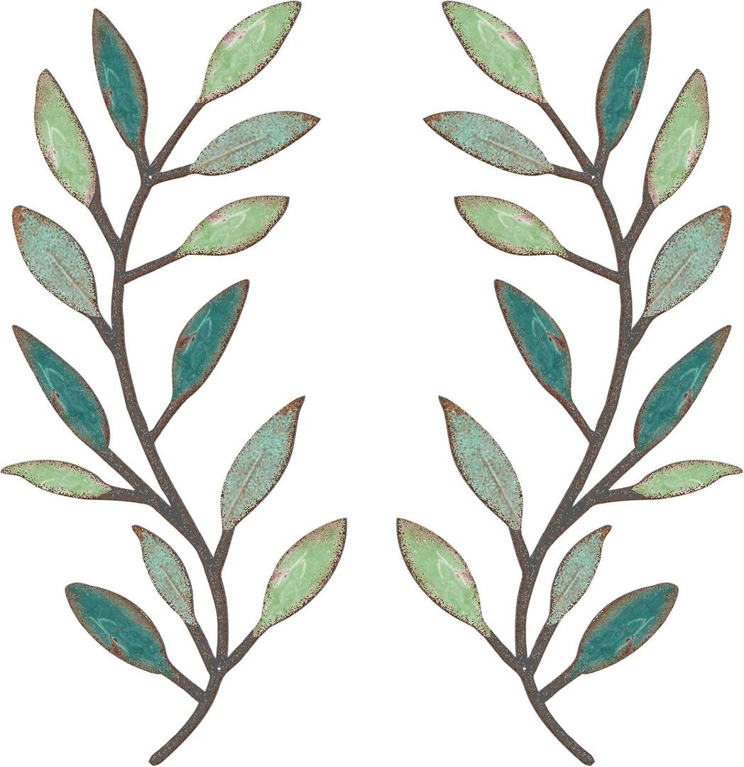 Zhengmy 2 Pieces Metal Tree Leaf Wall Decor Vine Olive Branch Leaf Wall Art Living Room, Hallway Wall Decor Outdoor Decoration(Gradient Green)
