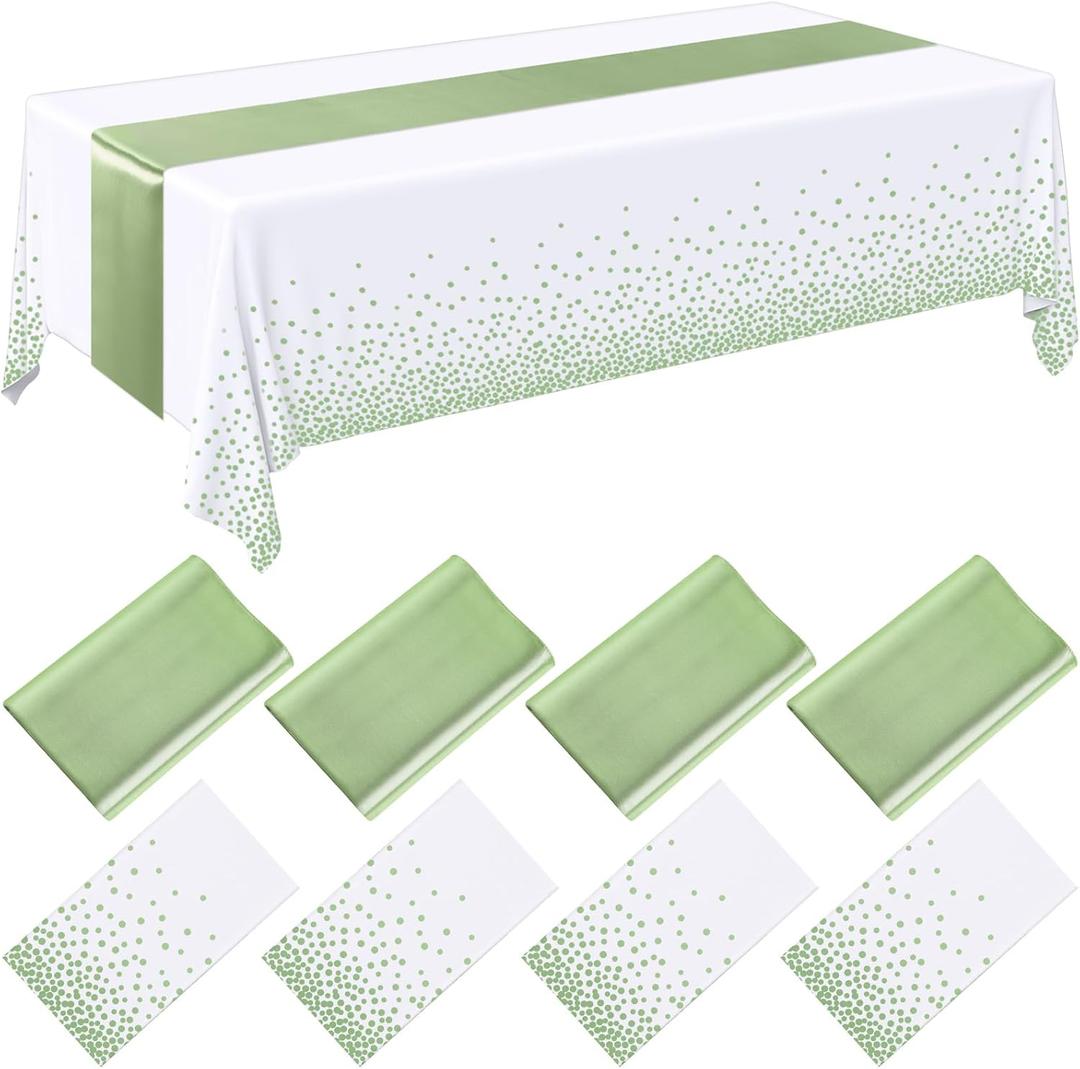 Breling 8 Pack White and Sage Green Disposable Plastic Tablecloths and Satin Table Runner Set, 54 x 108 Inch Tablecloth, 12 x 108 Inch Table Runners for Wedding Graduation Birthday Baby Shower