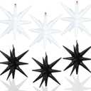 6 Pcs White Black Star Foil Balloons One-Piece 14-Pointed Star Balloon 4D Starburst Cone Mylar Balloon 22inch Christmas Birthday Wedding Wedding Anniversary Party Supplies (White + Black)