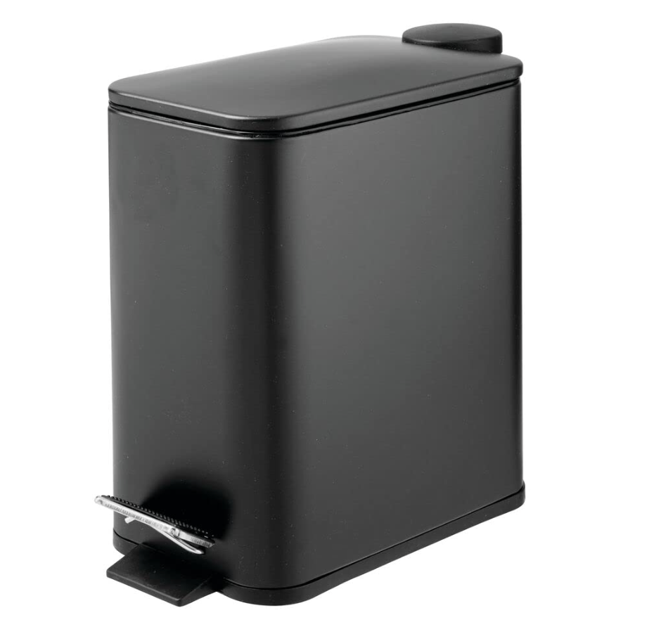 mDesign 1.3 Gallon Rectangular Slim Metal Trash Can w/ Foot Pedal, Easy-Close Lid, Narrow Wastebasket, Garbage Container Bin - Bathroom, Bedroom, Kitchen, Home Office, Removable Liner- Soft Brass
