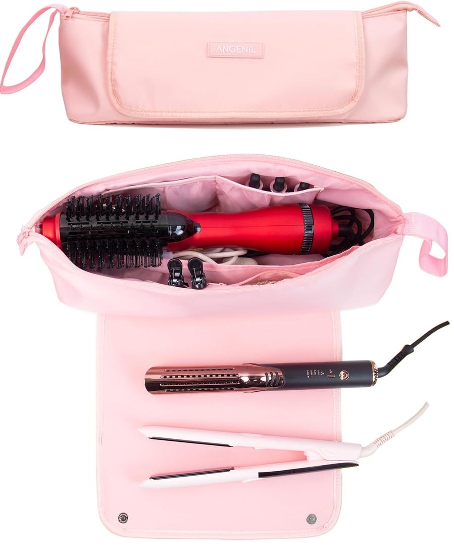 ANGENIL Large Capacity Heat Mat Hot Hair Iron Tools Travel Bag, 2 in 1 Portable Organizer Bags with Large Heat Resistant Mat for Hair Straighteners, Curling Irons, Hot Air Brushes, Travel Essentials (Blush)