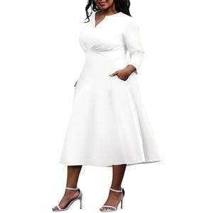 Nmoder Women's Plus Size Stretchy Flared Wrap Dress Casual Wedding Guest Midi Dresses V Neck 3/4 Sleeve A-Line Swing Dress Size 3X