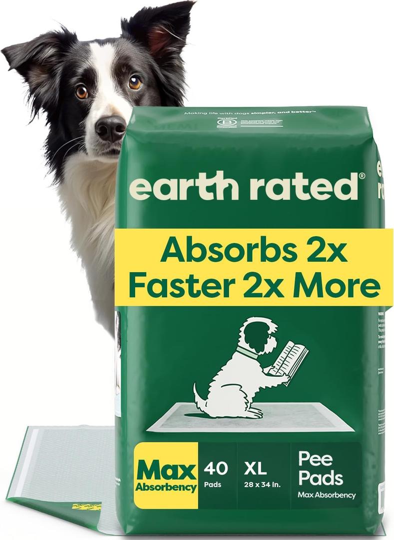 Earth Rated Puppy Pads, Max Absorbency Pee Pads for Dogs, Absorbs 2X Faster & 2X More, Leak Prevention, Potty Training, Fragrance-Free, Unscented, XL, 28 x 34, 40 Count