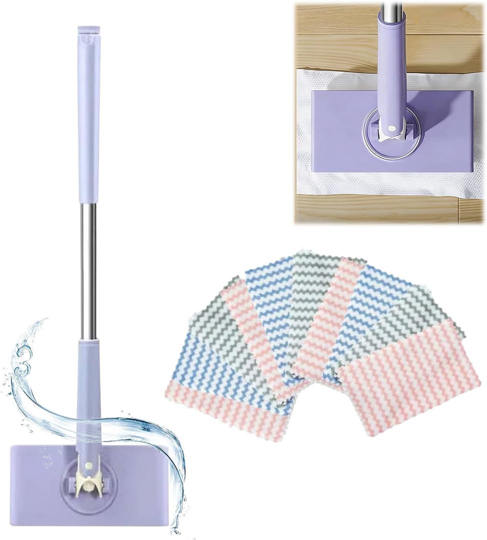 Saker Snap Grip Mini Mop, 360 Swivel Head Lazy Mop for Floors & Walls, Hands-Free Cloth Change, Adjustable Handle for Wet/Dry Multi-Surface Cleaning (Purple+10*Cloth)