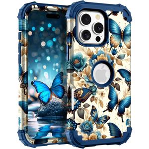 Hocase for iPhone 16 Pro Max Case, Heavy Duty Shockproof Protection Soft Silicone Rubber+Hard Plastic Bumpers Hybrid Protective Case for iPhone 16 Pro Max 2024 - Blue Butterflies