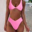 geluboao Bikini Set for Women Solid V Neck Knot Front Push Up High Leg Thong Two Piece Swimsuit (Pink, S)