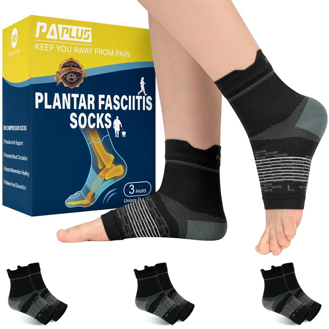 PAPLUS 3 Pairs Plantar Fasciitis Socks Women & Men - Ankle Compression Sleeve for Sprained Ankle, Heel Spur & Arch Support - Foot Brace for Achilles Tendonitis Relief, Arthritis Pain (Medium)