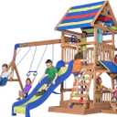 Backyard Discovery Beach Front Cedar Wood Swing Set with Wave Slide, Play Deck, Monkey Bars, Rock Wall Ladder, Shaded Picnic Area, Snack Bar, Belt Swings, Trapeze, Sandbox Area, Outdoor Playset (Large, Multicolor)