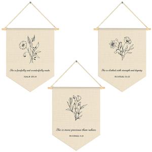 3 Pcs Nursery Scripture Hanging Flag Art Decor Botanical Christian Wall Art Canvas Hanging Pennant Flag Banner Christian Floral Wall Gift for Farmhouse Living Room Bedroom Home Decoration